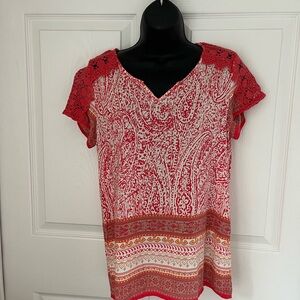 Umgee Patterned Blouse with Crochet Detail